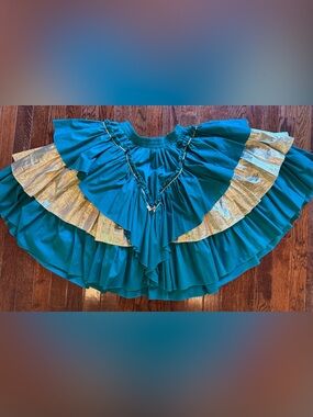 Vintage 1970s Teal Gold Metallic Tiered Square Dance Circle Skirt Rockabilly S M
